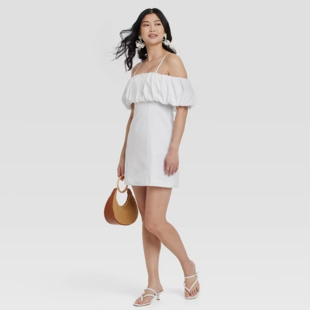 A New Day White Ruffle Off Shoulder Spaghetti Strap Mini Dress, Size 12